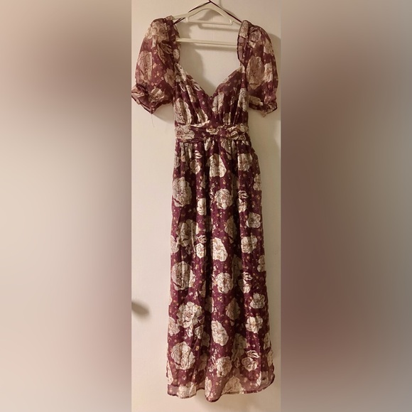 Altar’d State Burgundy & Cream Chiffon Floral Midi Dress by Blue Pepper Size M - Picture 5 of 9
